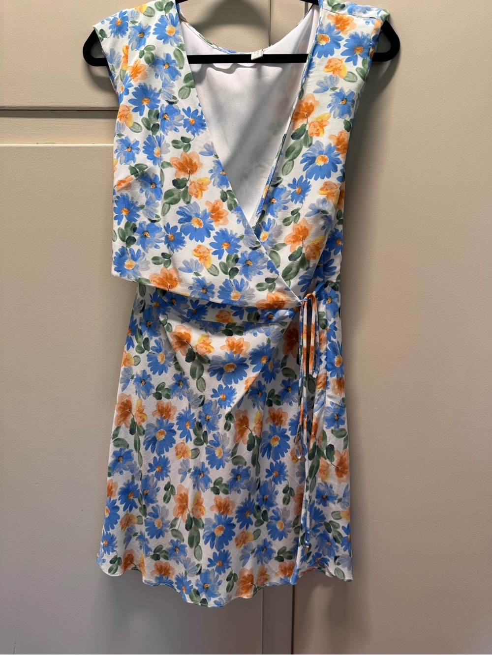 Bec & Bridge White Wrap Mini Dress with Blue and Orange Floral Print